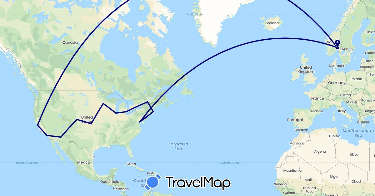 TravelMap itinerary: driving in Canada, Norway, United States (Europe, North America)